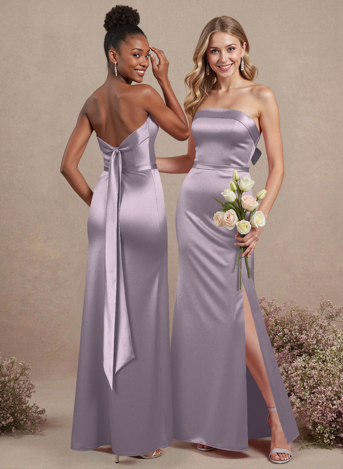 A-Line Strapless Sleeveless Floor-Length Satin Bridesmaid Dresses With Bow(s), product image 54