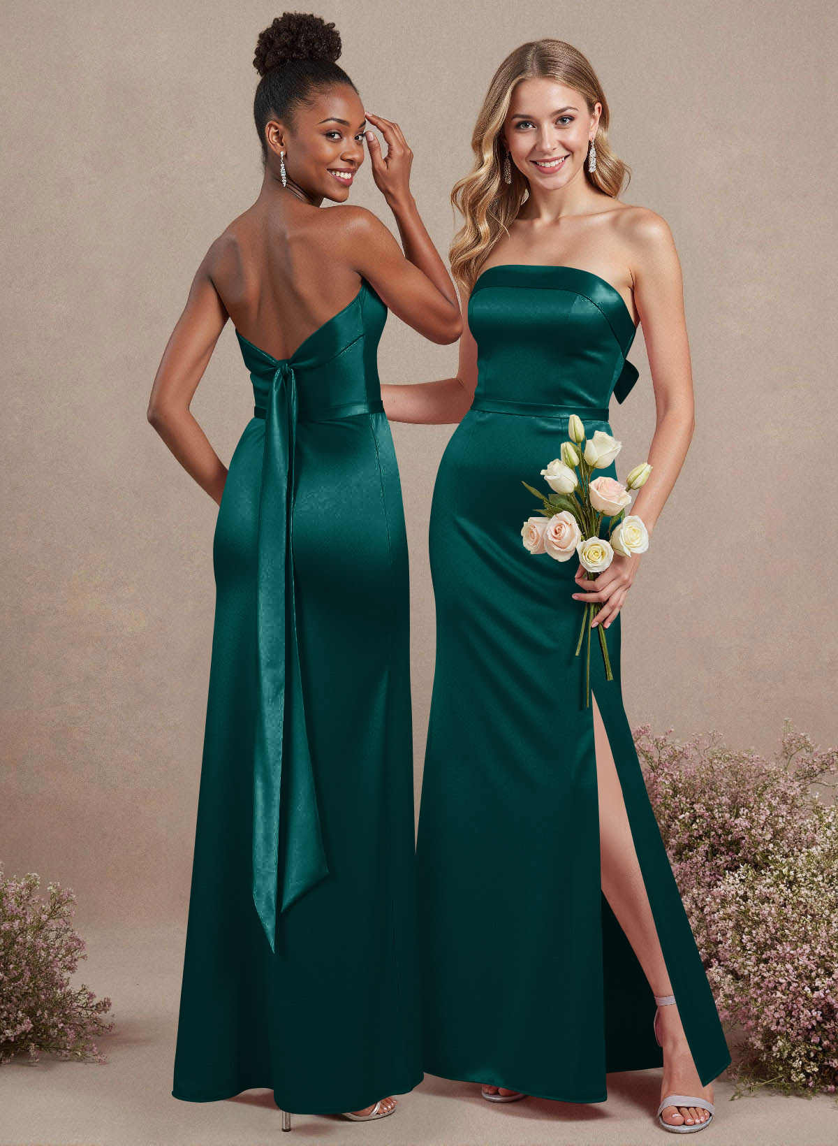 A-Line Strapless Sleeveless Floor-Length Satin Bridesmaid Dresses With Bow(s), product image 130