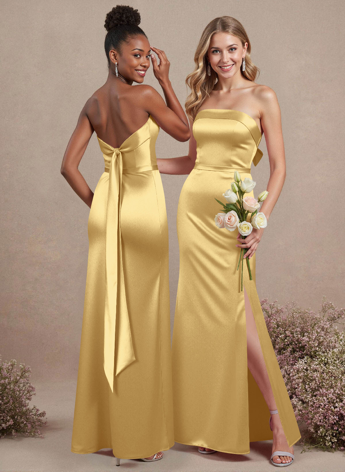 A-Line Strapless Sleeveless Floor-Length Satin Bridesmaid Dresses With Bow(s), product image 98