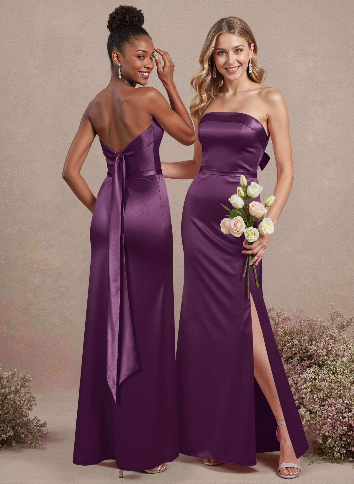 A-Line Strapless Sleeveless Floor-Length Satin Bridesmaid Dresses With Bow(s), product image 68