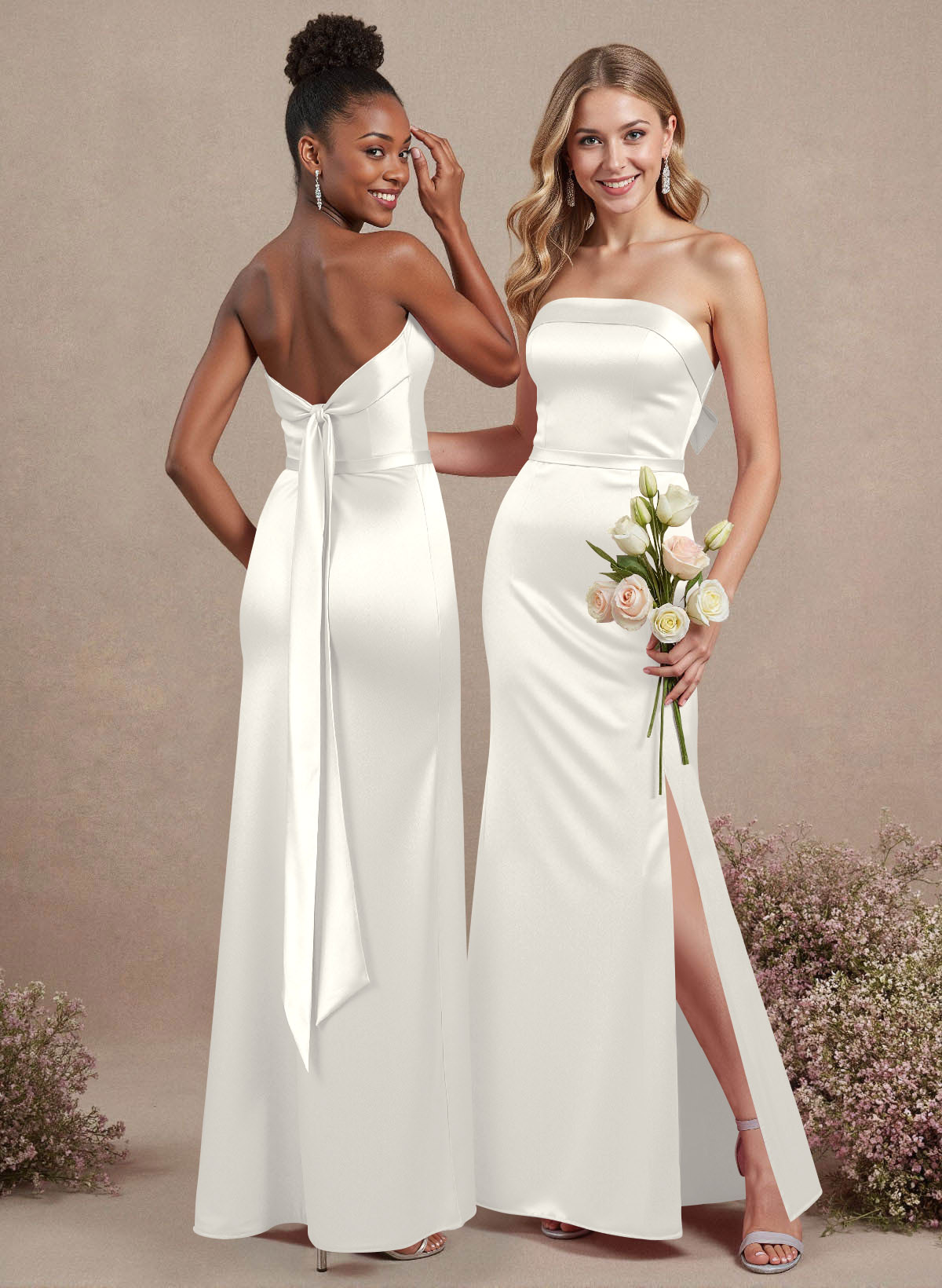 A-Line Strapless Sleeveless Floor-Length Satin Bridesmaid Dresses With Bow(s), product image 106