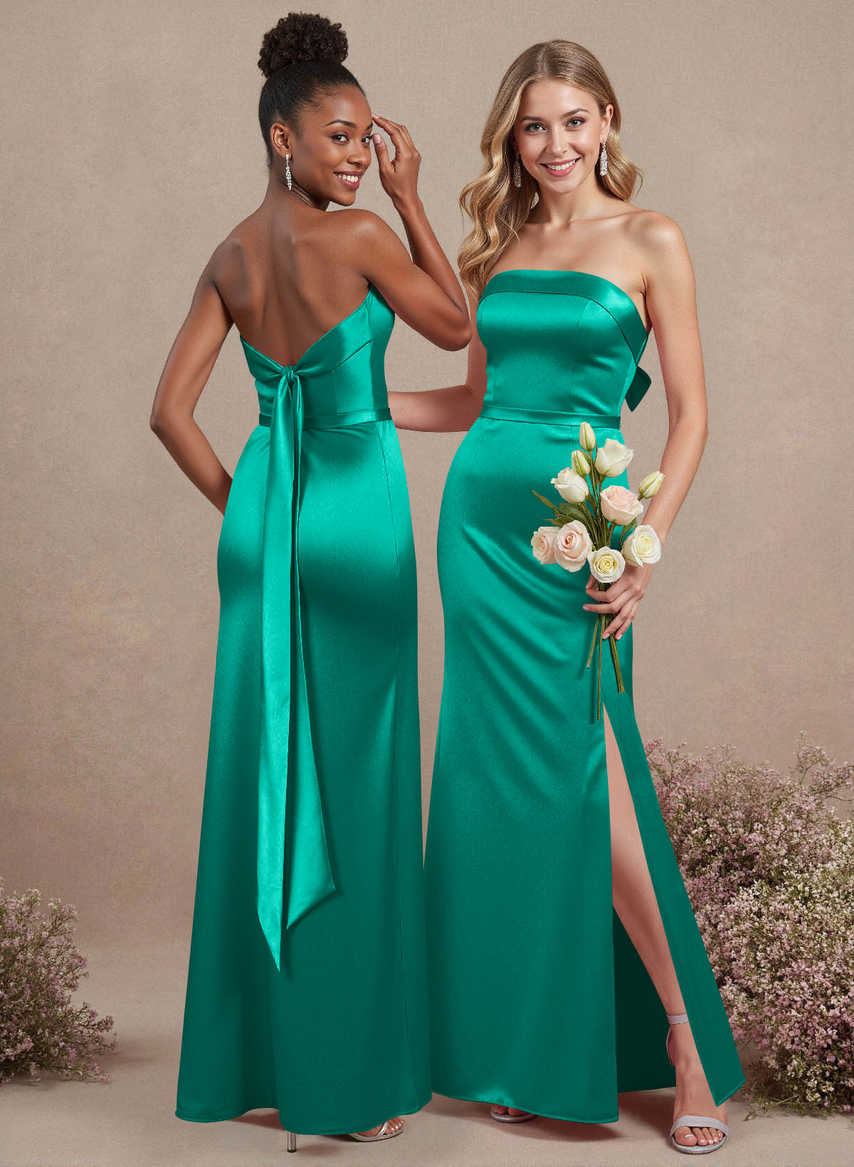 A-Line Strapless Sleeveless Floor-Length Satin Bridesmaid Dresses With Bow(s), product image 82