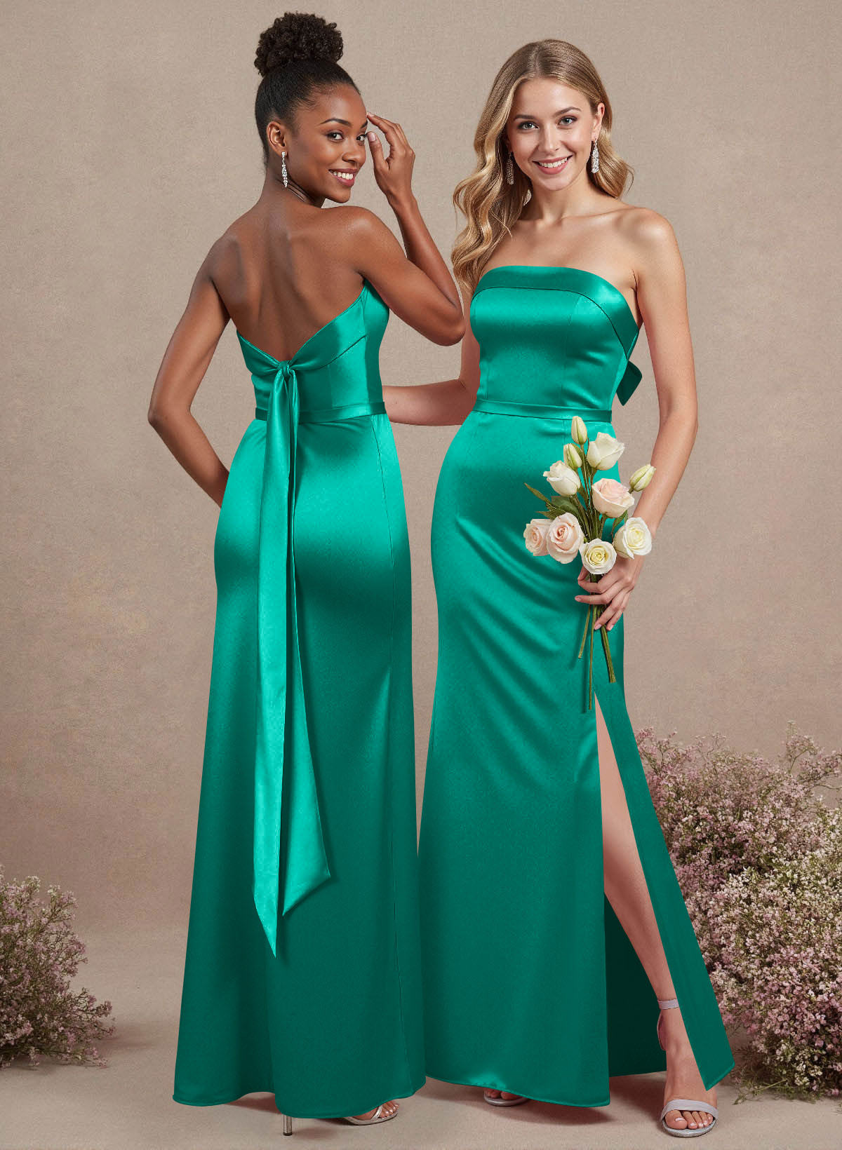 A-Line Strapless Sleeveless Floor-Length Satin Bridesmaid Dresses With Bow(s), product image 82