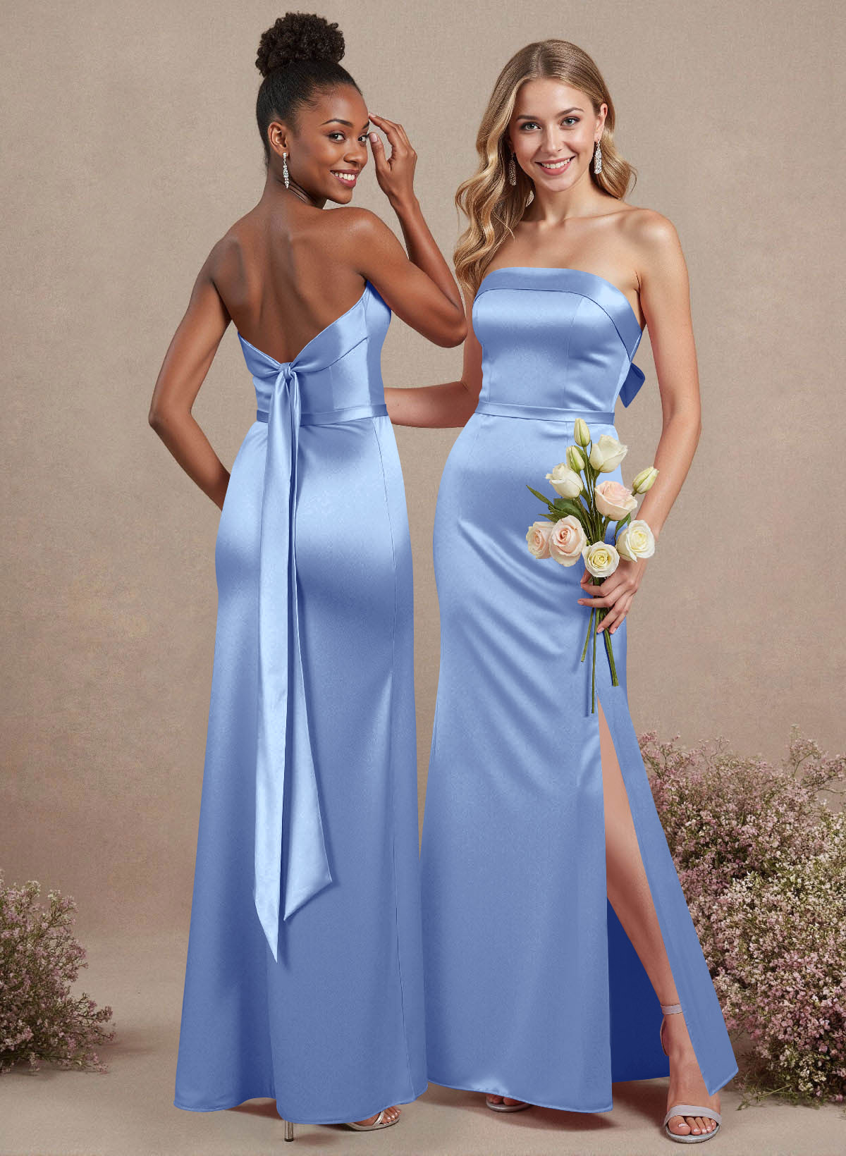 A-Line Strapless Sleeveless Floor-Length Satin Bridesmaid Dresses With Bow(s), product image 22