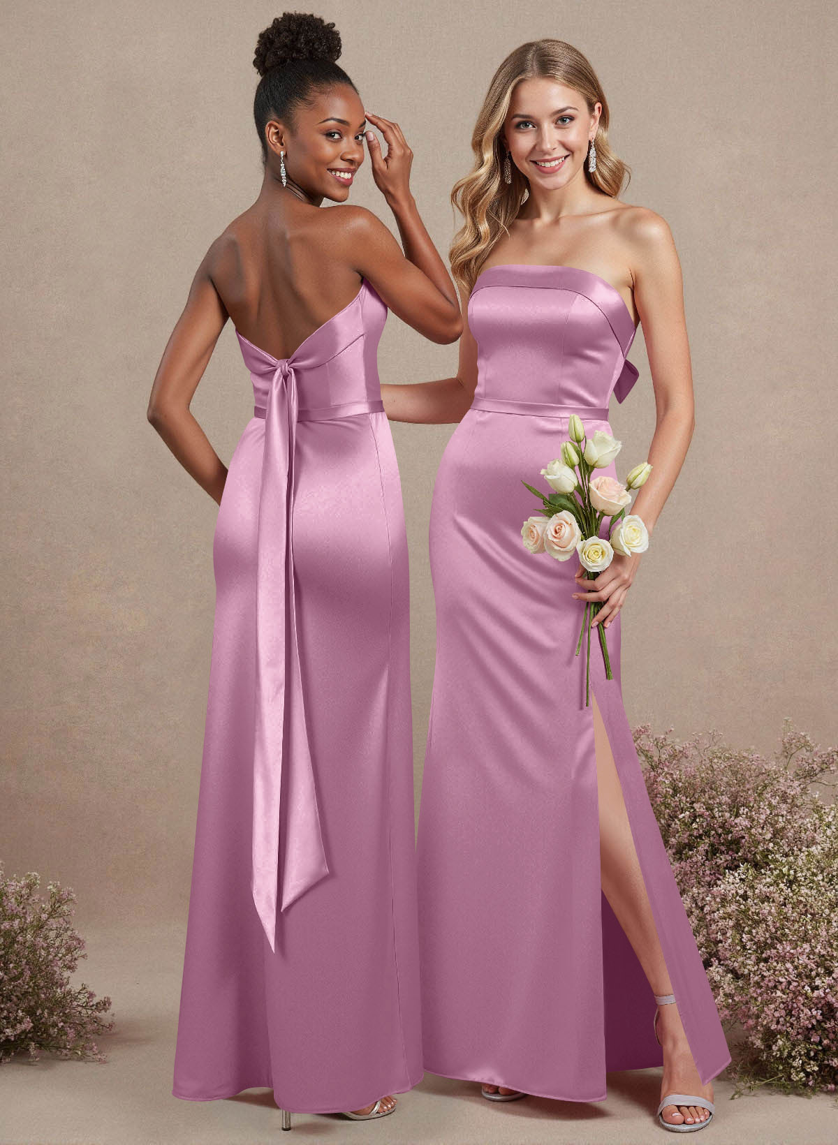 A-Line Strapless Sleeveless Floor-Length Satin Bridesmaid Dresses With Bow(s), product image 60
