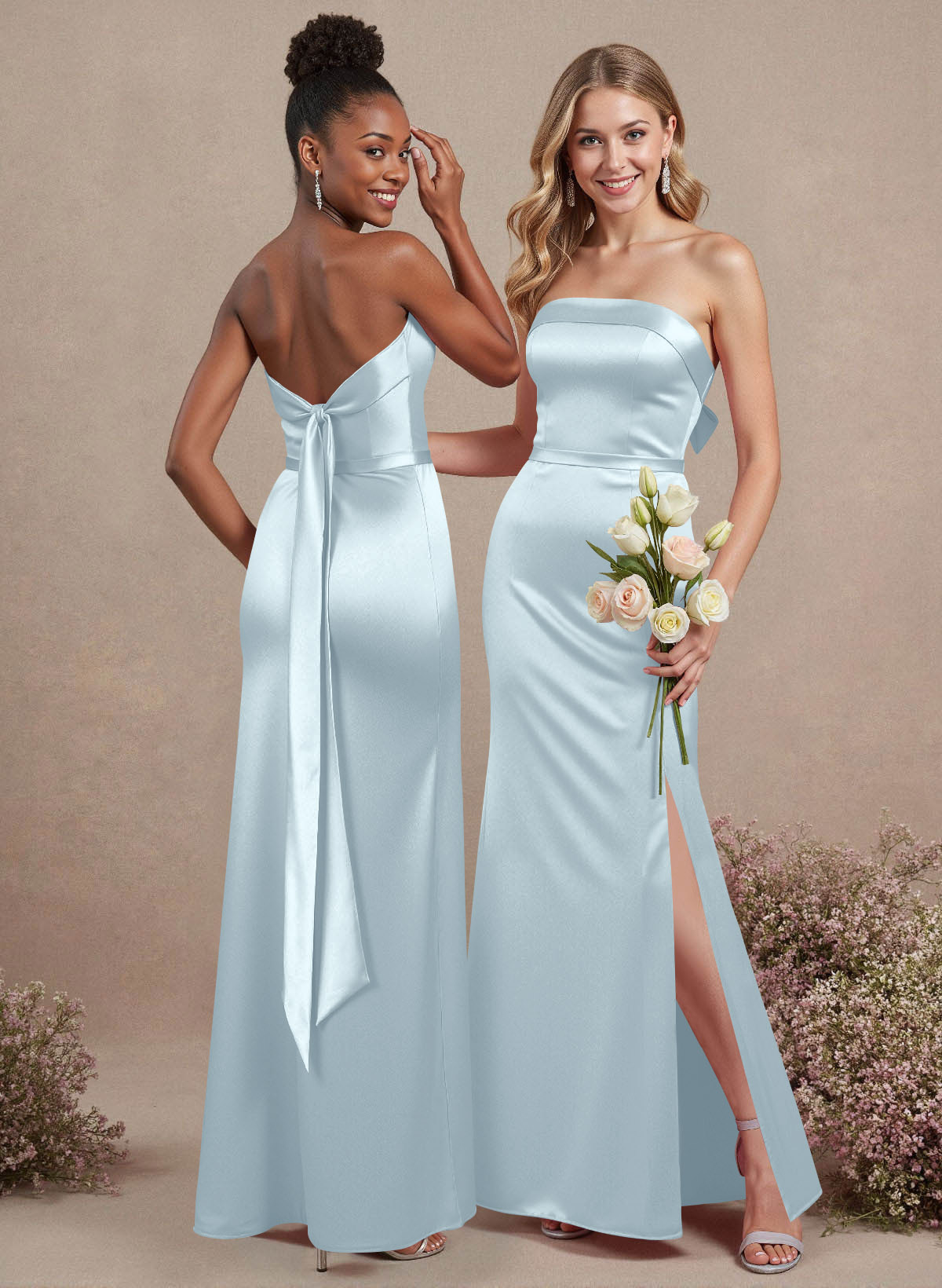 A-Line Strapless Sleeveless Floor-Length Satin Bridesmaid Dresses With Bow(s), product image 26