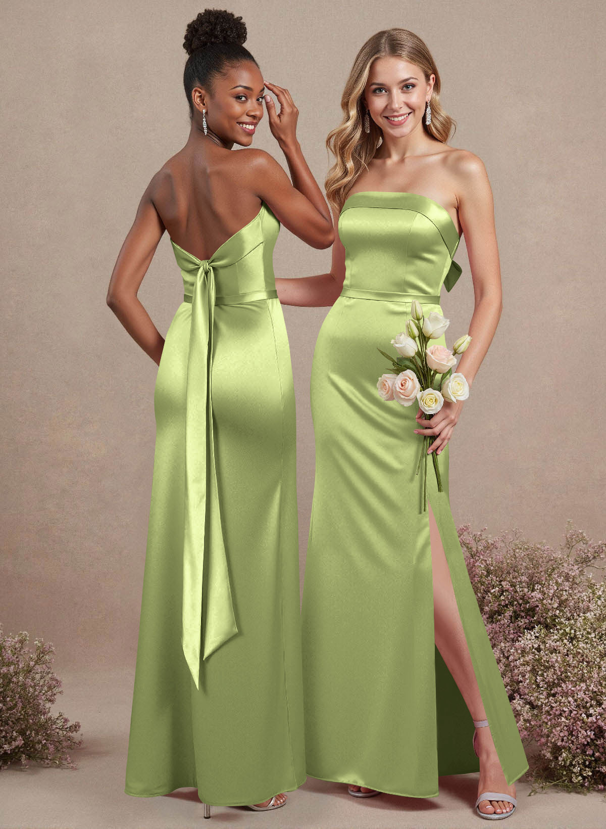 A-Line Strapless Sleeveless Floor-Length Satin Bridesmaid Dresses With Bow(s), product image 132