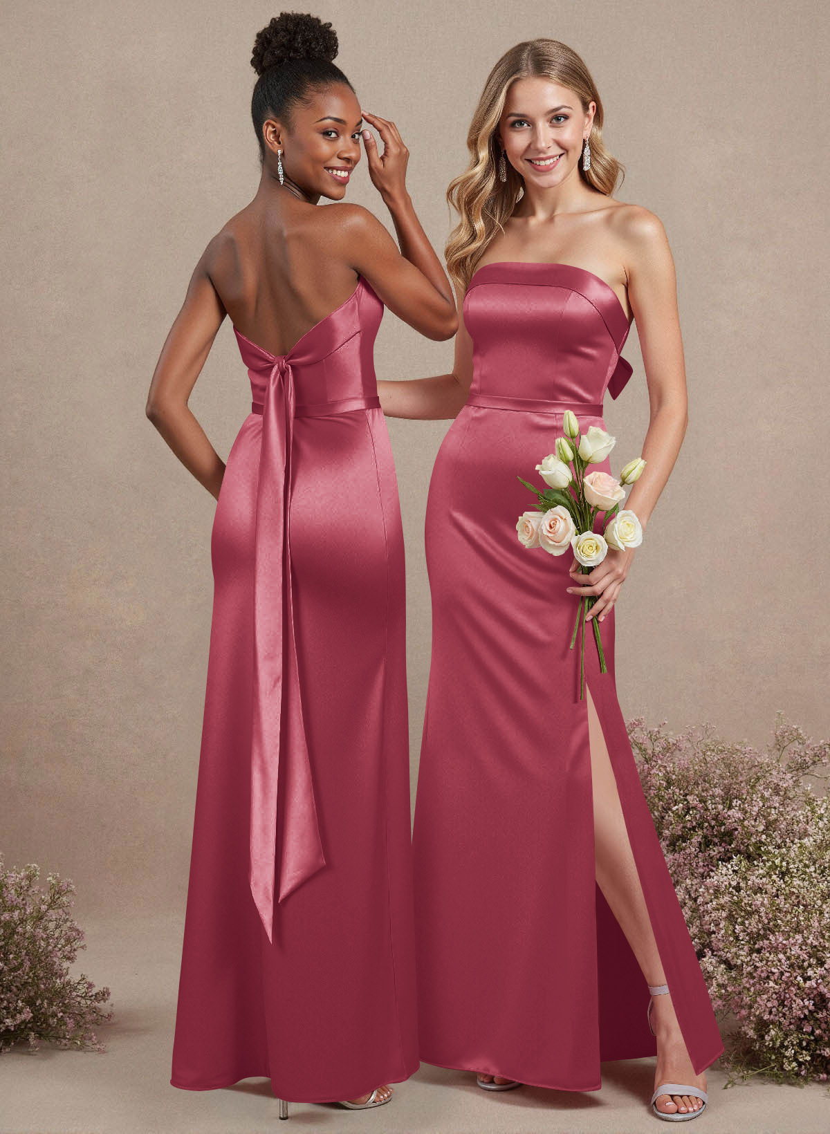 A-Line Strapless Sleeveless Floor-Length Satin Bridesmaid Dresses With Bow(s), product image 34
