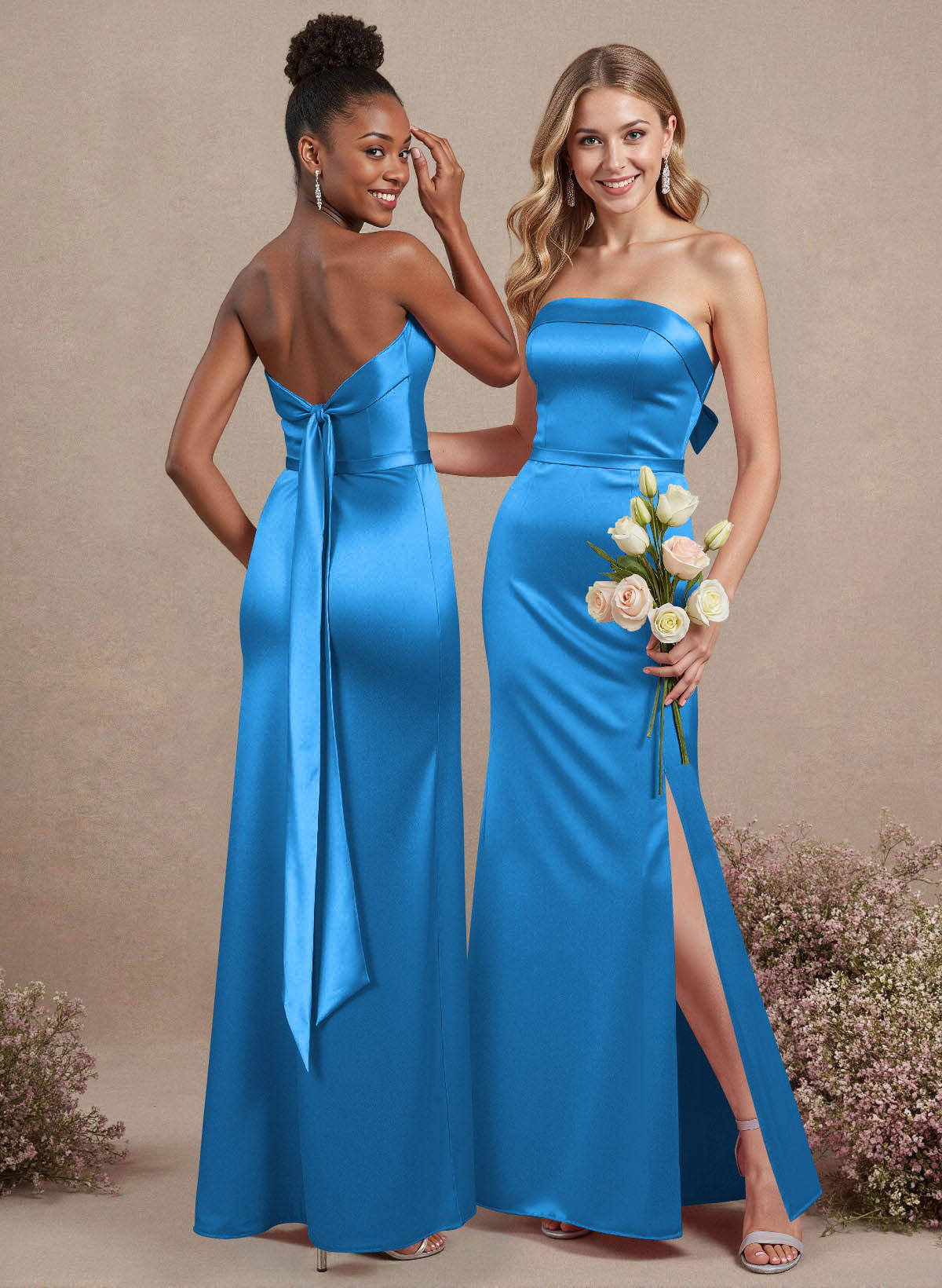 A-Line Strapless Sleeveless Floor-Length Satin Bridesmaid Dresses With Bow(s), product image 18