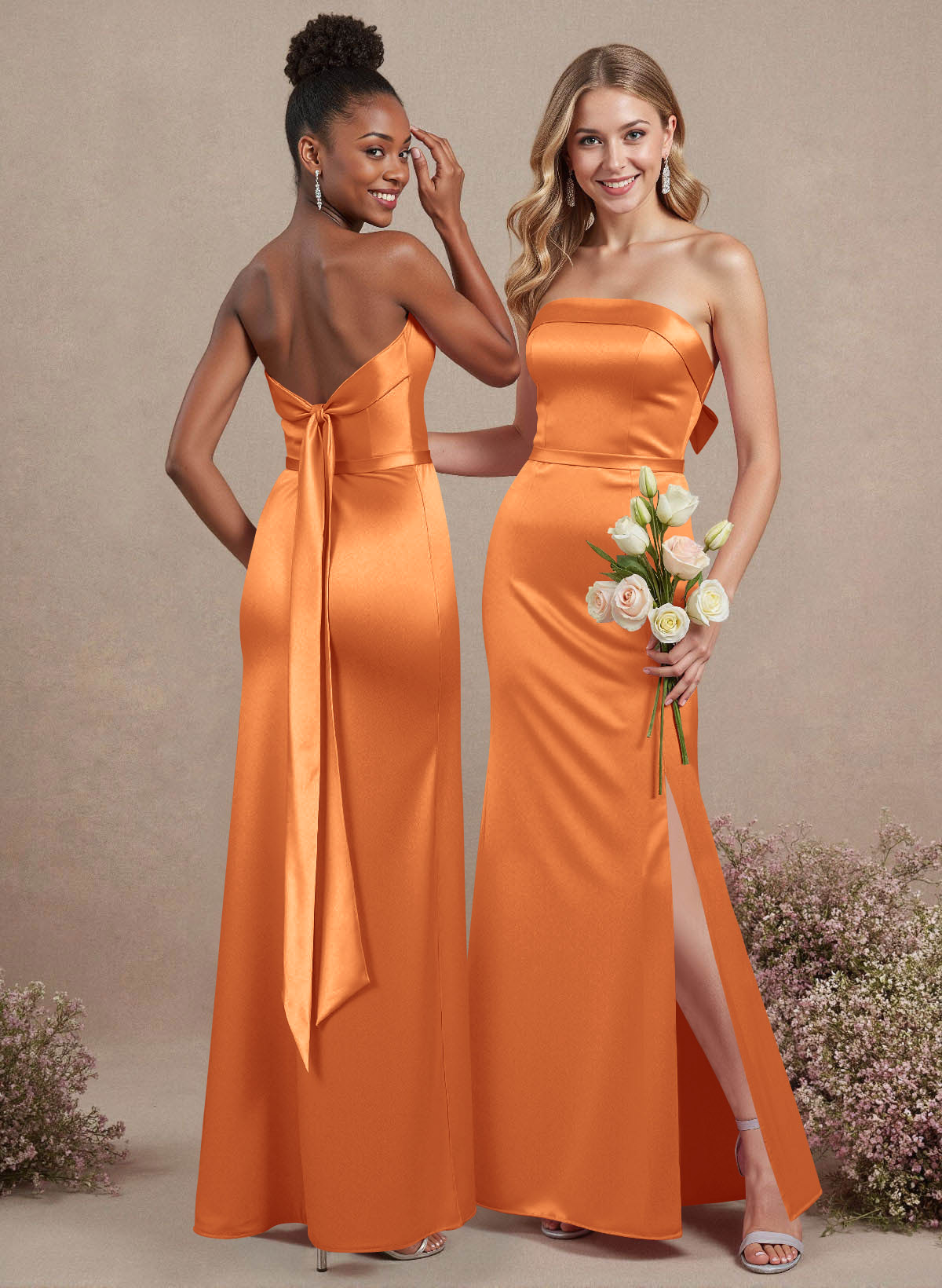 A-Line Strapless Sleeveless Floor-Length Satin Bridesmaid Dresses With Bow(s), product image 100
