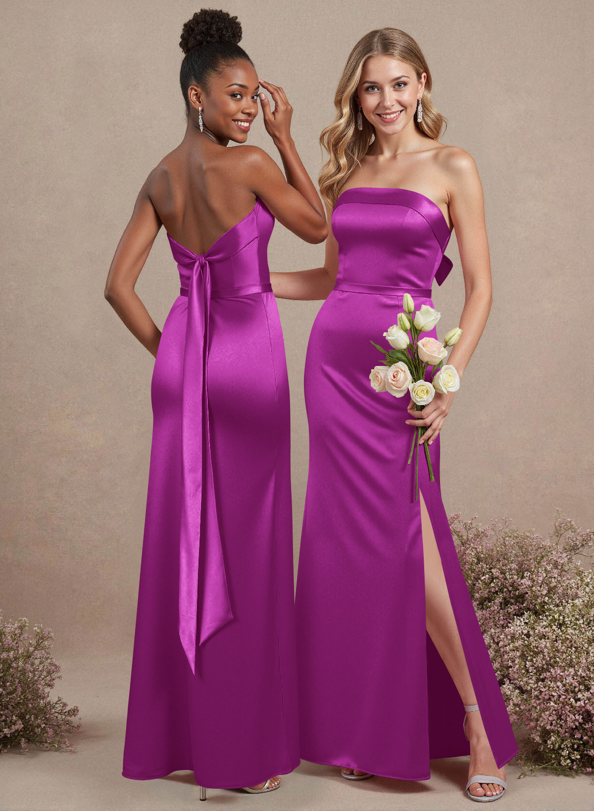 A-Line Strapless Sleeveless Floor-Length Satin Bridesmaid Dresses With Bow(s), product image 70