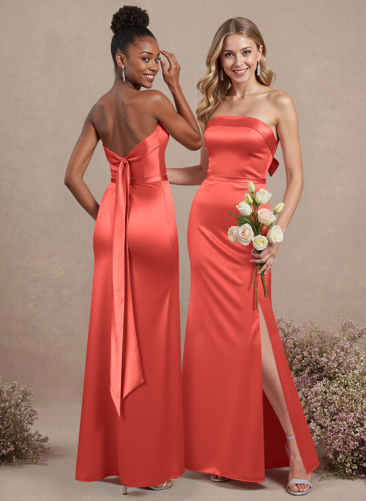 A-Line Strapless Sleeveless Floor-Length Satin Bridesmaid Dresses With Bow(s), product image 102