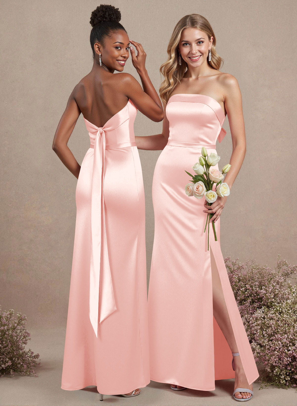 A-Line Strapless Sleeveless Floor-Length Satin Bridesmaid Dresses With Bow(s), product image 42