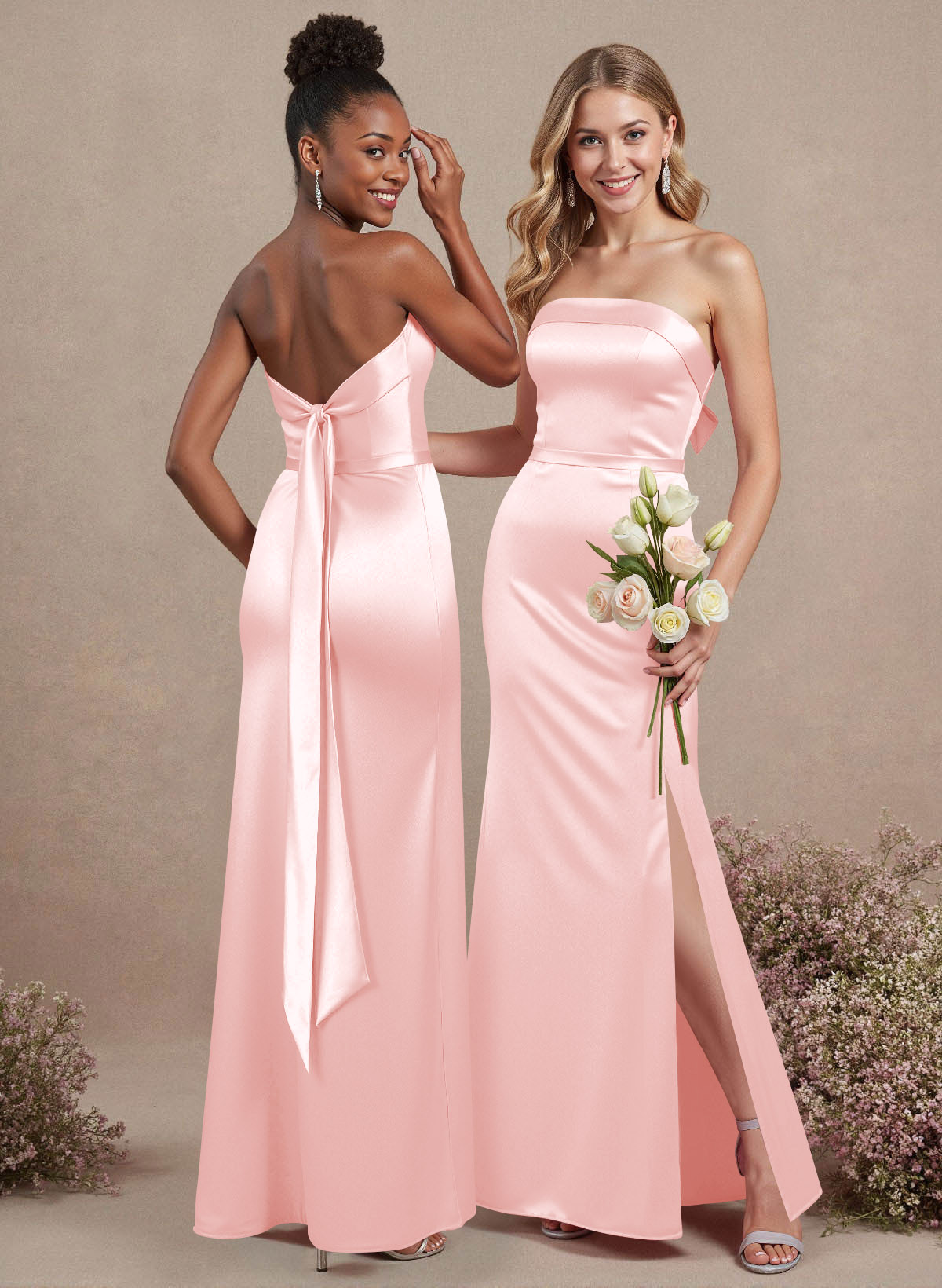A-Line Strapless Sleeveless Floor-Length Satin Bridesmaid Dresses With Bow(s), product image 46