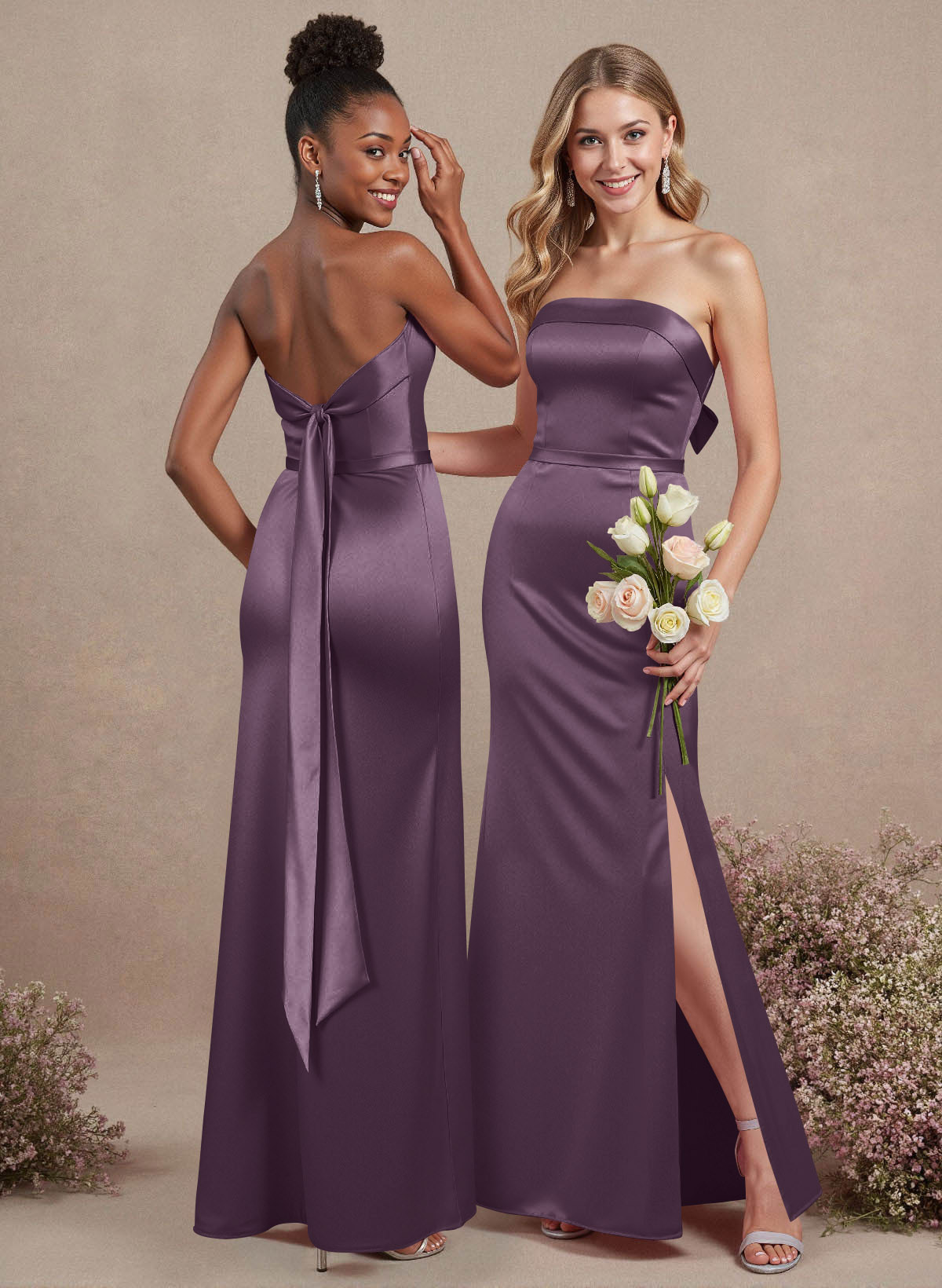 A-Line Strapless Sleeveless Floor-Length Satin Bridesmaid Dresses With Bow(s), product image 118