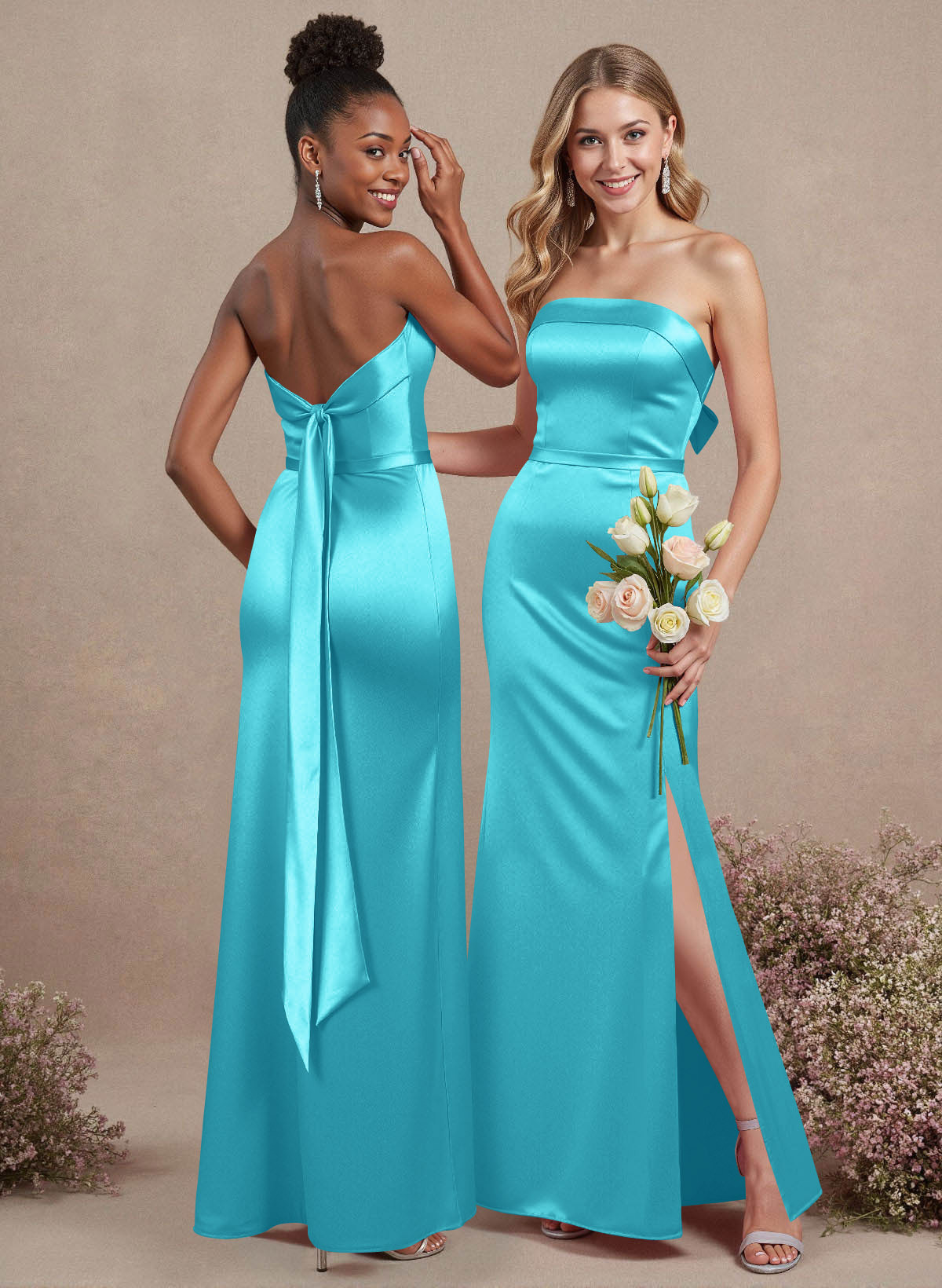 A-Line Strapless Sleeveless Floor-Length Satin Bridesmaid Dresses With Bow(s), product image 20