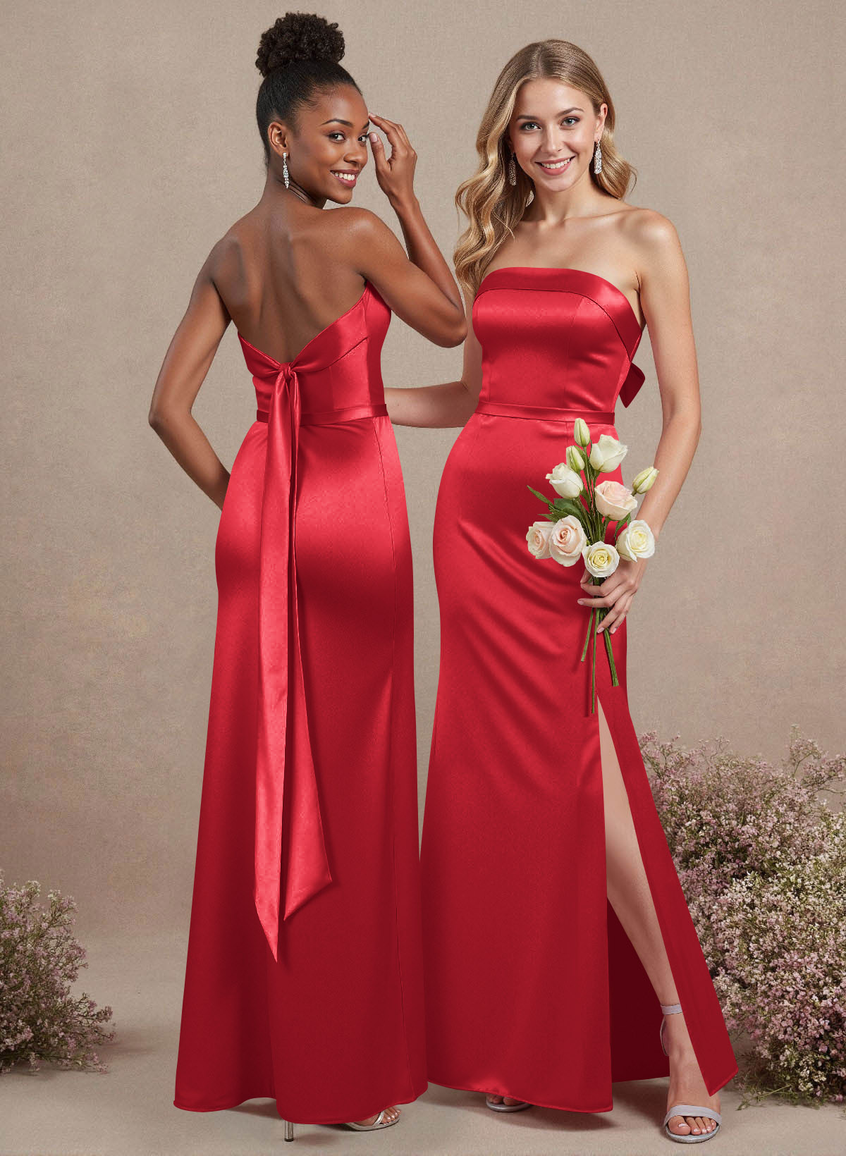A-Line Strapless Sleeveless Floor-Length Satin Bridesmaid Dresses With Bow(s), product image 36