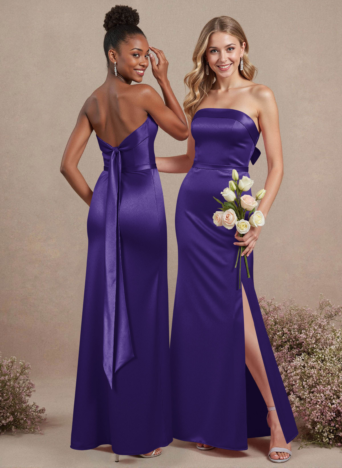 A-Line Strapless Sleeveless Floor-Length Satin Bridesmaid Dresses With Bow(s), product image 74