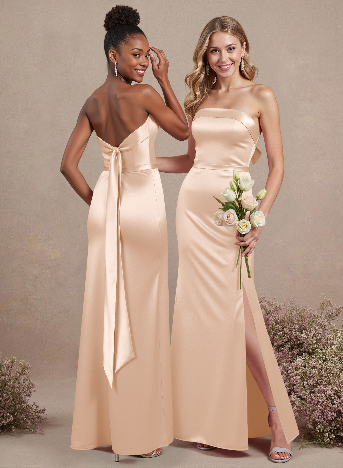 A-Line Strapless Sleeveless Floor-Length Satin Bridesmaid Dresses With Bow(s), product image 126