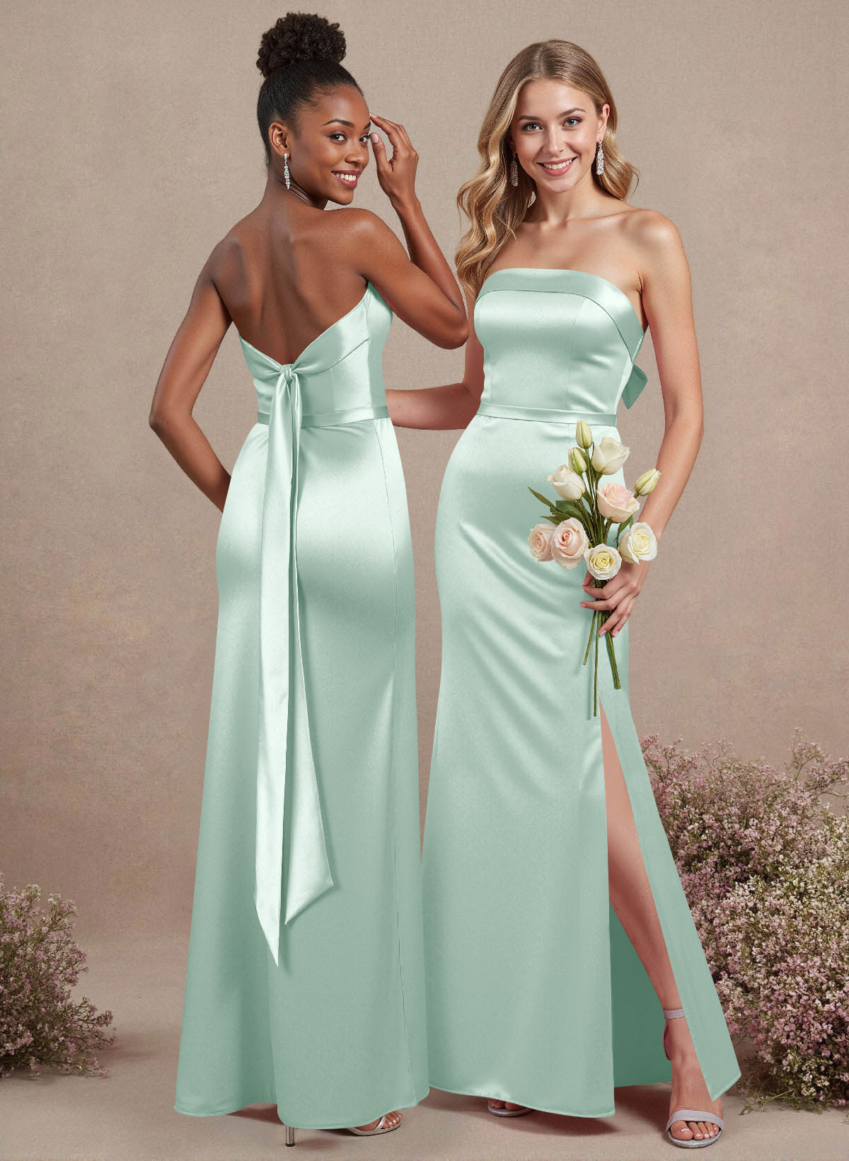 A-Line Strapless Sleeveless Floor-Length Satin Bridesmaid Dresses With Bow(s), product image 86