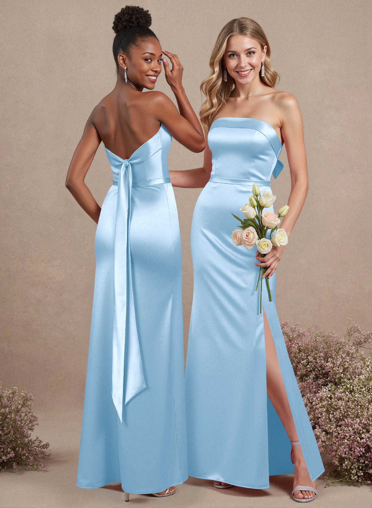 A-Line Strapless Sleeveless Floor-Length Satin Bridesmaid Dresses With Bow(s), product image 24