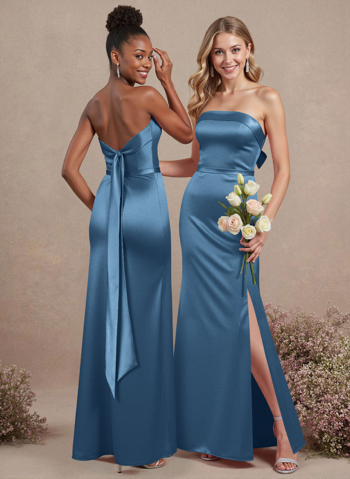 A-Line Strapless Sleeveless Floor-Length Satin Bridesmaid Dresses With Bow(s), product image 10