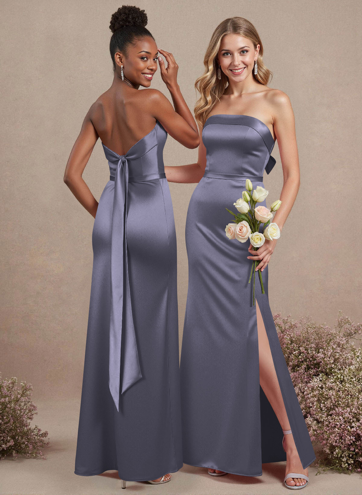 A-Line Strapless Sleeveless Floor-Length Satin Bridesmaid Dresses With Bow(s), product image 12