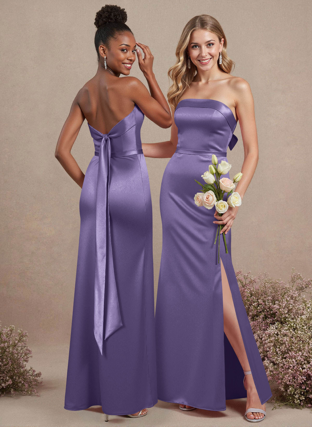 A-Line Strapless Sleeveless Floor-Length Satin Bridesmaid Dresses With Bow(s), product image 66