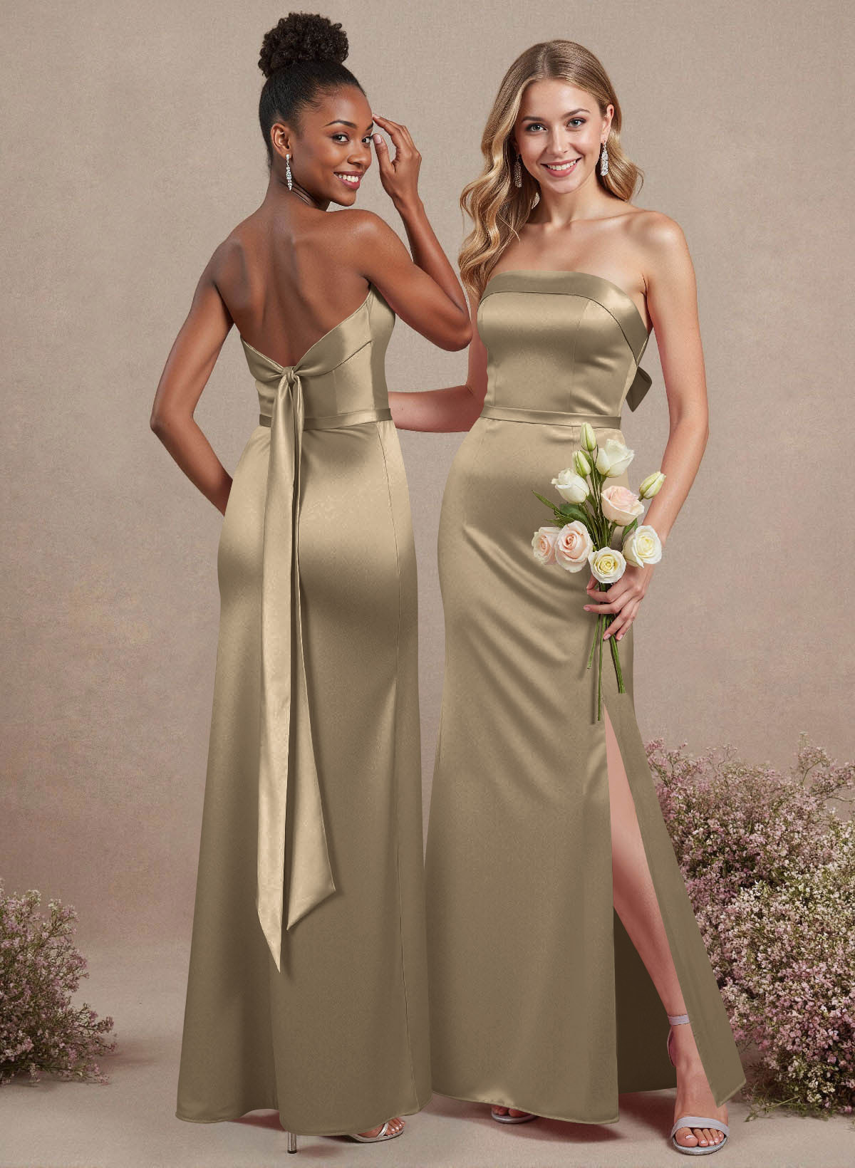 A-Line Strapless Sleeveless Floor-Length Satin Bridesmaid Dresses With Bow(s), product image 94