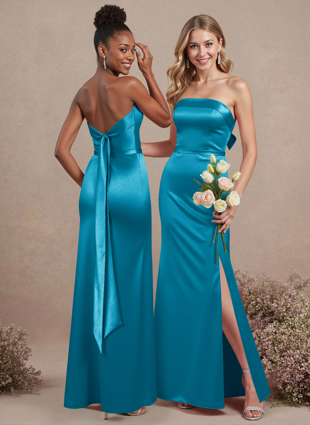 A-Line Strapless Sleeveless Floor-Length Satin Bridesmaid Dresses With Bow(s), product image 136