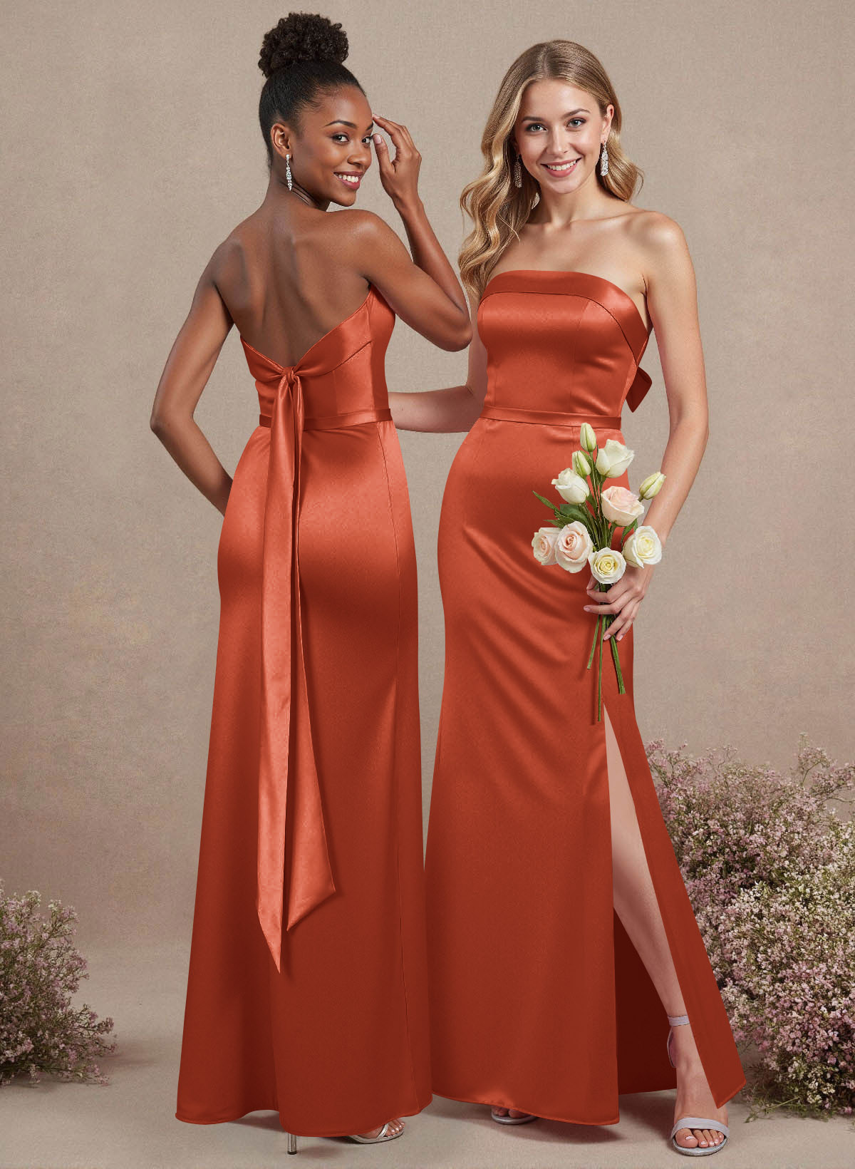 A-Line Strapless Sleeveless Floor-Length Satin Bridesmaid Dresses With Bow(s), product image 134