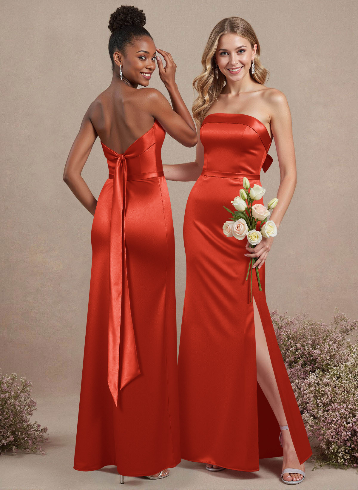 A-Line Strapless Sleeveless Floor-Length Satin Bridesmaid Dresses With Bow(s), product image 38