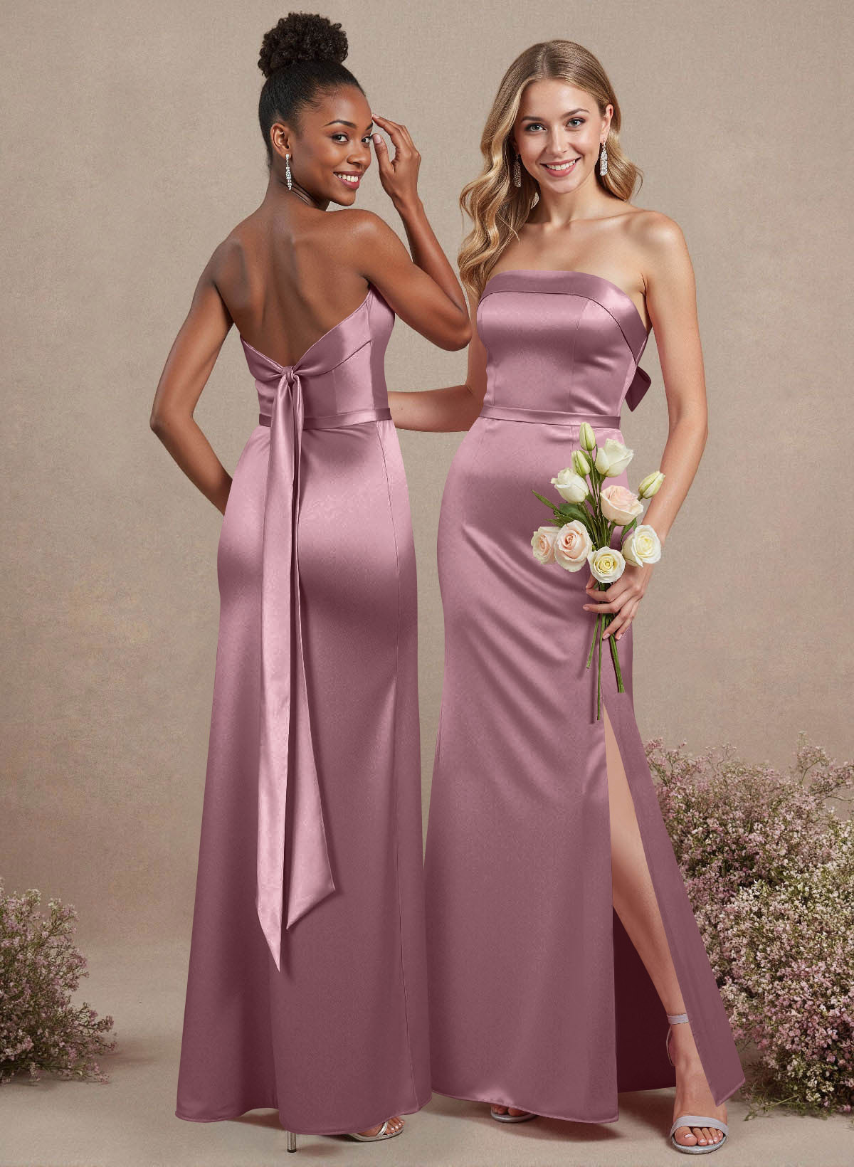 A-Line Strapless Sleeveless Floor-Length Satin Bridesmaid Dresses With Bow(s), product image 58