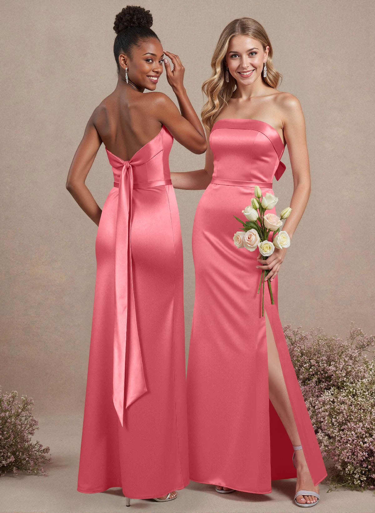 A-Line Strapless Sleeveless Floor-Length Satin Bridesmaid Dresses With Bow(s), product image 40