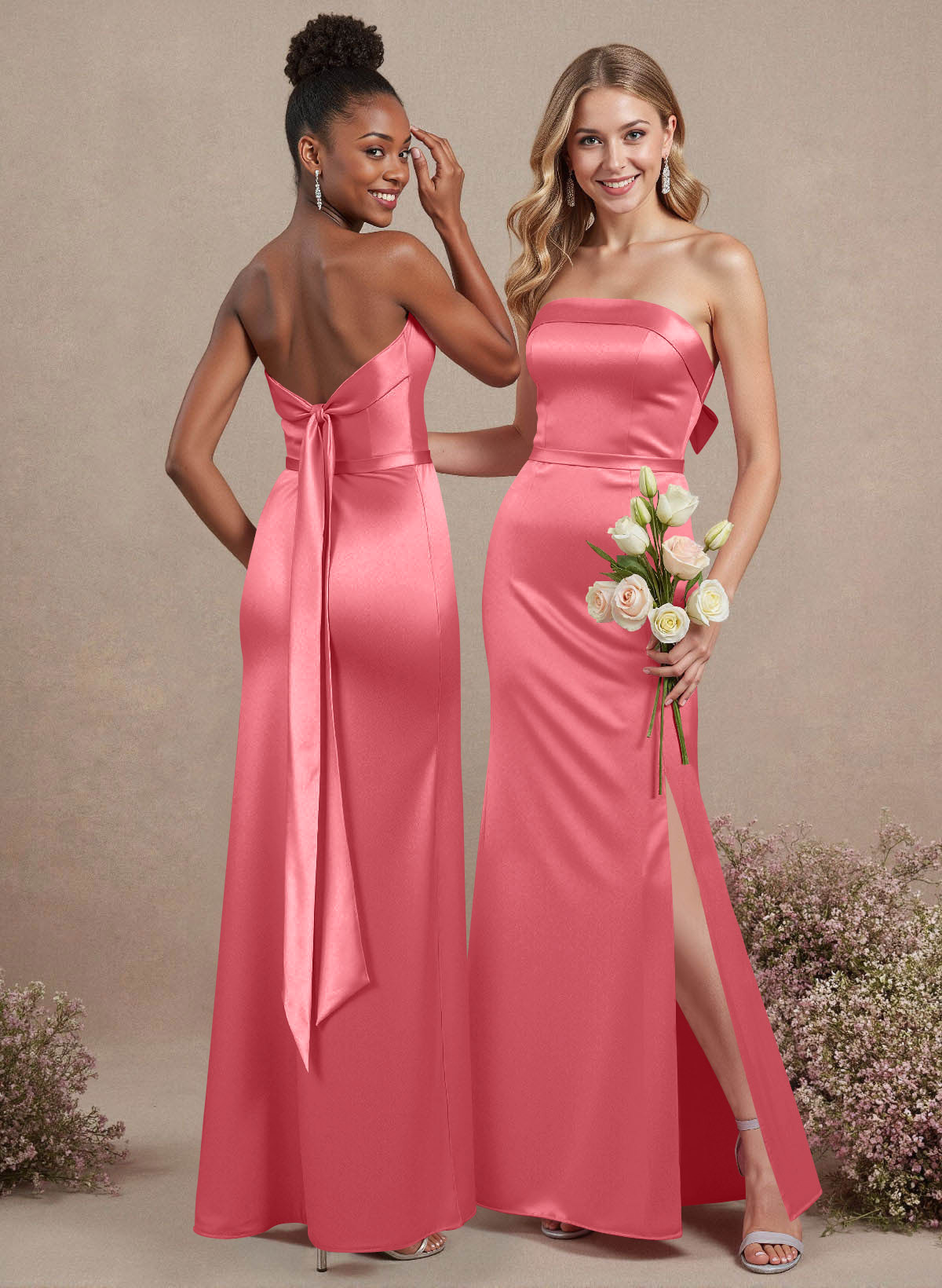 A-Line Strapless Sleeveless Floor-Length Satin Bridesmaid Dresses With Bow(s), product image 40