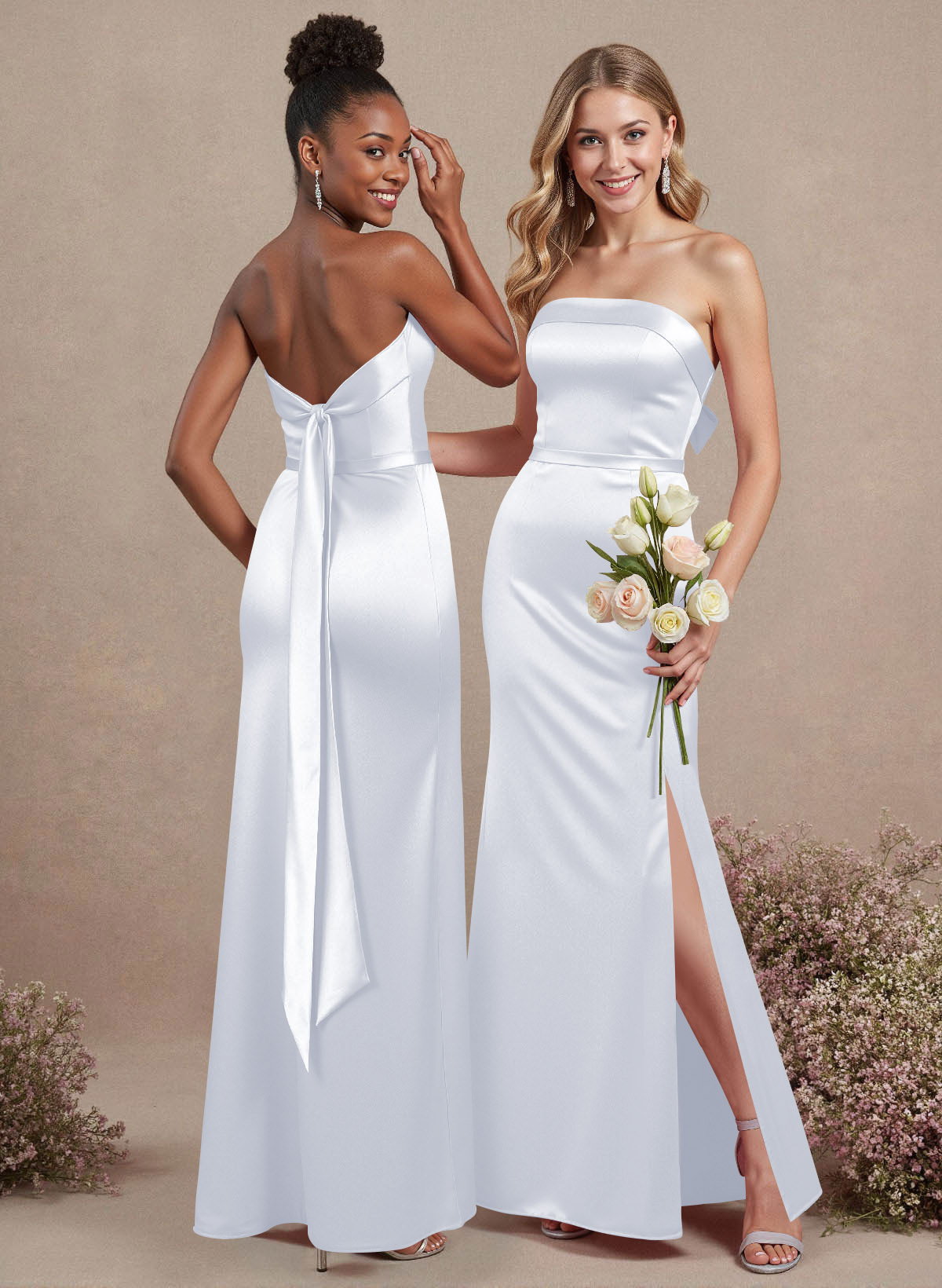 A-Line Strapless Sleeveless Floor-Length Satin Bridesmaid Dresses With Bow(s), product image 108