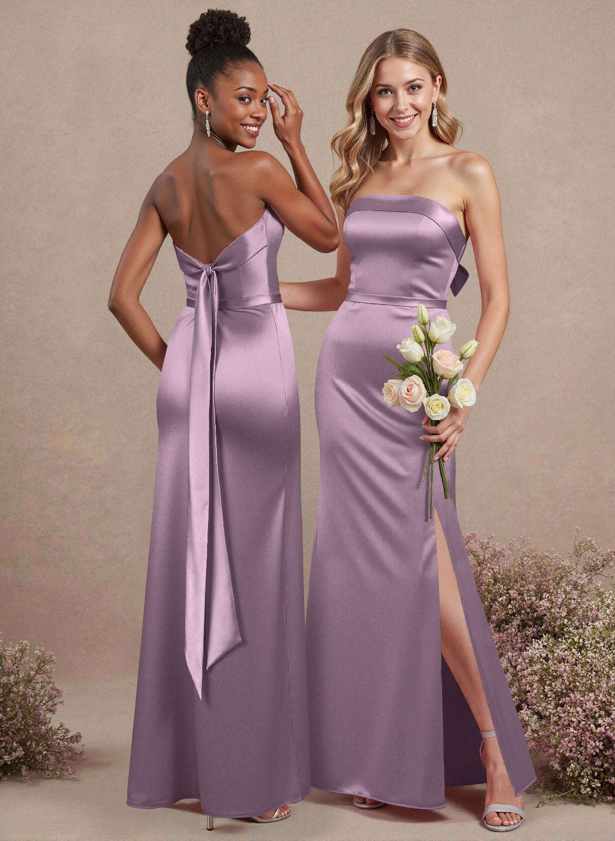 A-Line Strapless Sleeveless Floor-Length Satin Bridesmaid Dresses With Bow(s), product image 56