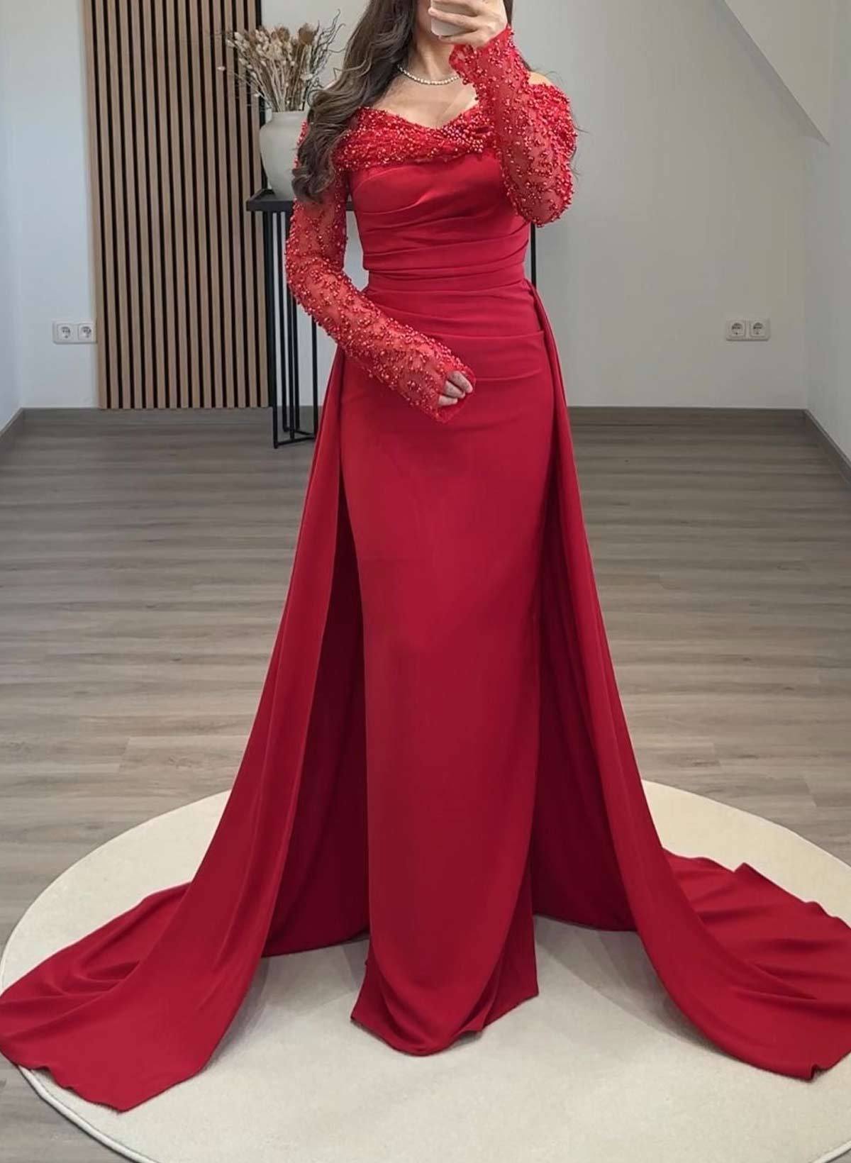 Elegant Off-The-Shoulder Lace Long Sleeves Overskirt Sweep Train Elastic Satin Evening Dresses in Red, US2