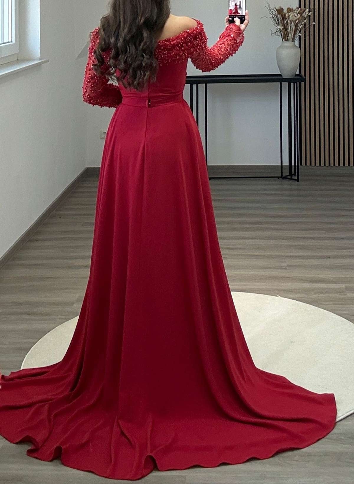 Elegant Off-The-Shoulder Lace Long Sleeves Overskirt Sweep Train Elastic Satin Evening Dresses, supplier image 2