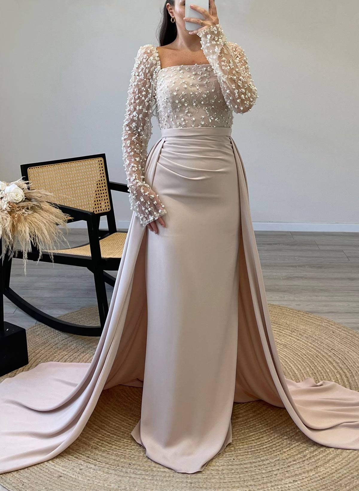Elegant Lace Square Neckline Long Sleeves Overskirt Sweep Train Elastic Satin Evening Dresses in As Picture, US2