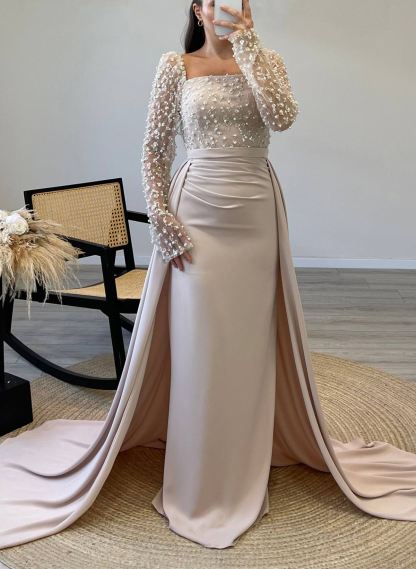 Elegant Lace Square Neckline Long Sleeves Overskirt Sweep Train Elastic Satin Evening Dresses in As Picture, US2
