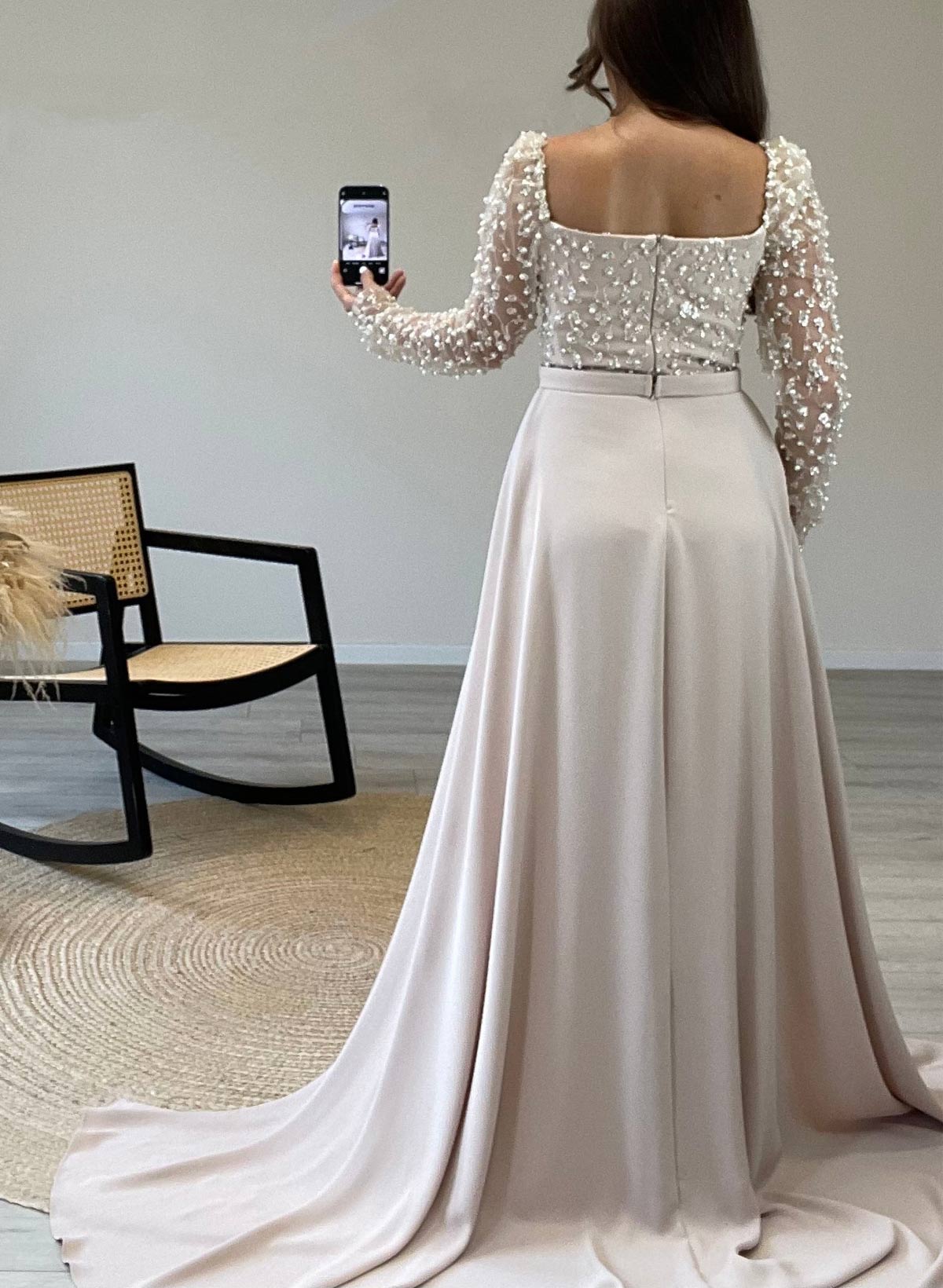 Elegant Lace Square Neckline Long Sleeves Overskirt Sweep Train Elastic Satin Evening Dresses, supplier image 2