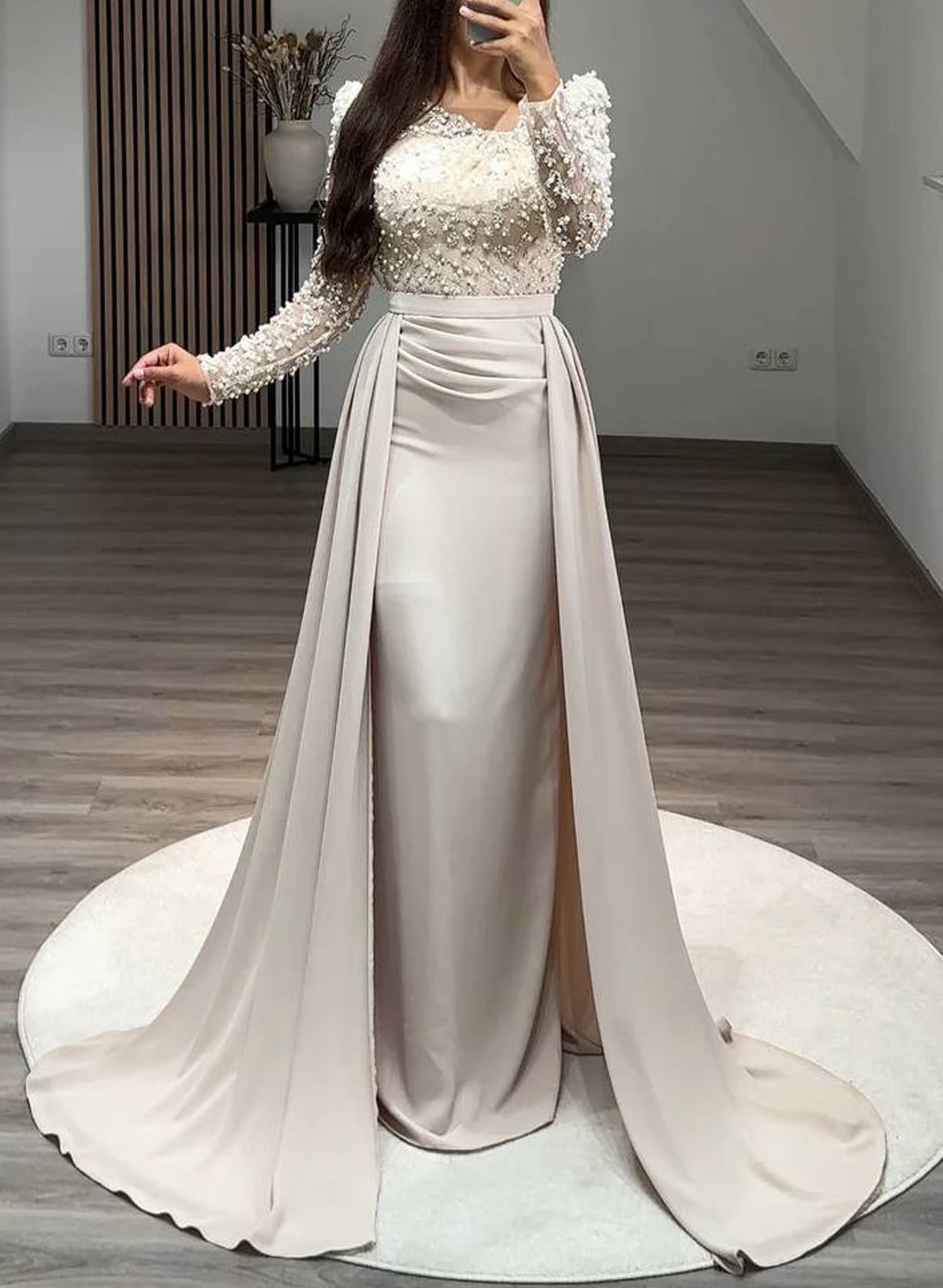 Lace Asymmetrical Neckline Beading Long Sleeves Overskirt Sweep Train Elastic Satin Evening Dresses in As Picture, US2