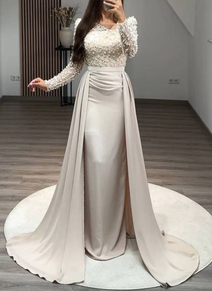 Lace Asymmetrical Neckline Beading Long Sleeves Overskirt Sweep Train Elastic Satin Evening Dresses in As Picture, US2