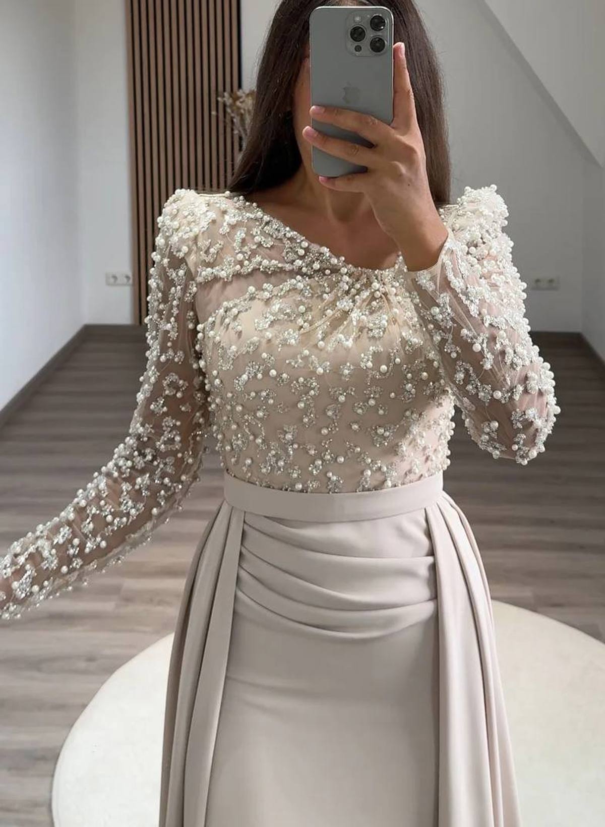 Lace Asymmetrical Neckline Beading Long Sleeves Overskirt Sweep Train Elastic Satin Evening Dresses, supplier image 2