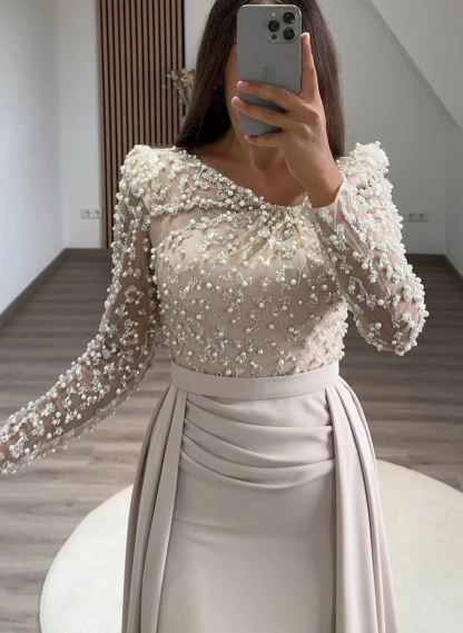 Lace Asymmetrical Neckline Beading Long Sleeves Overskirt Sweep Train Elastic Satin Evening Dresses, supplier image 2