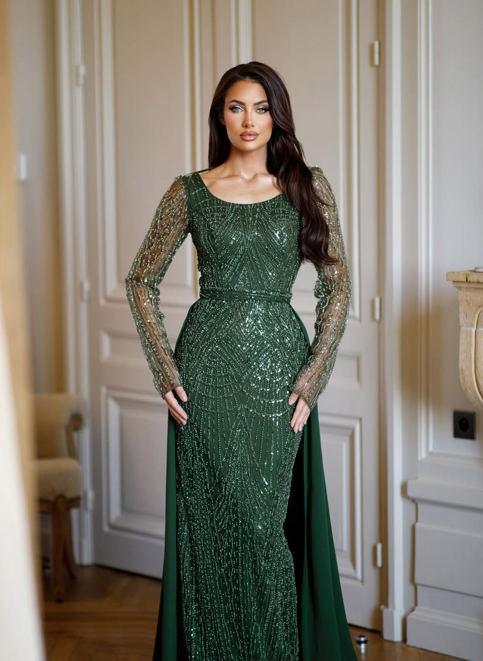 Sheath/Column Scoop Neck Long Sleeves Sweep Train Elastic Satin/Lace Mother Of The Bride Dresses