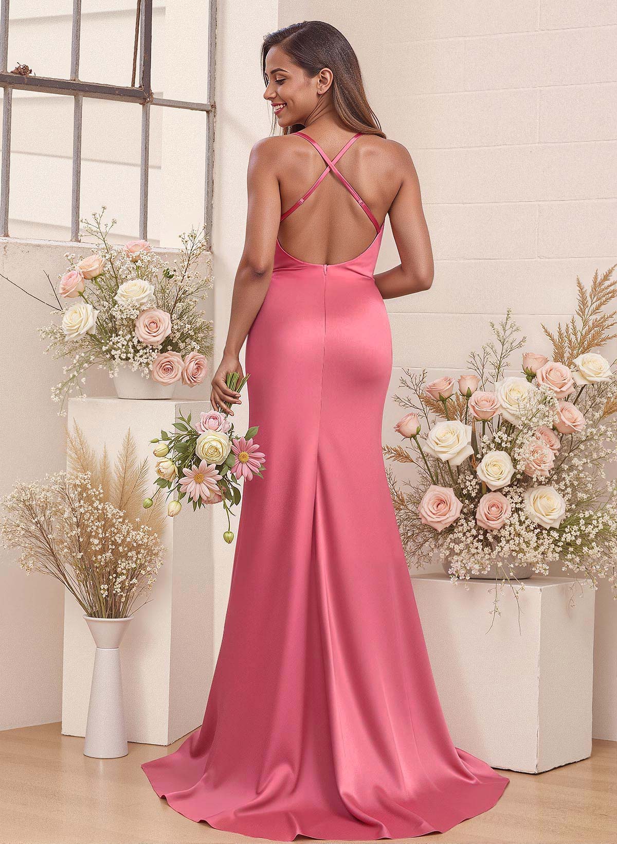 Cowl Neck High Split Mermaid Sweep Train Charmeuse Bridesmaid Dresses, image 2