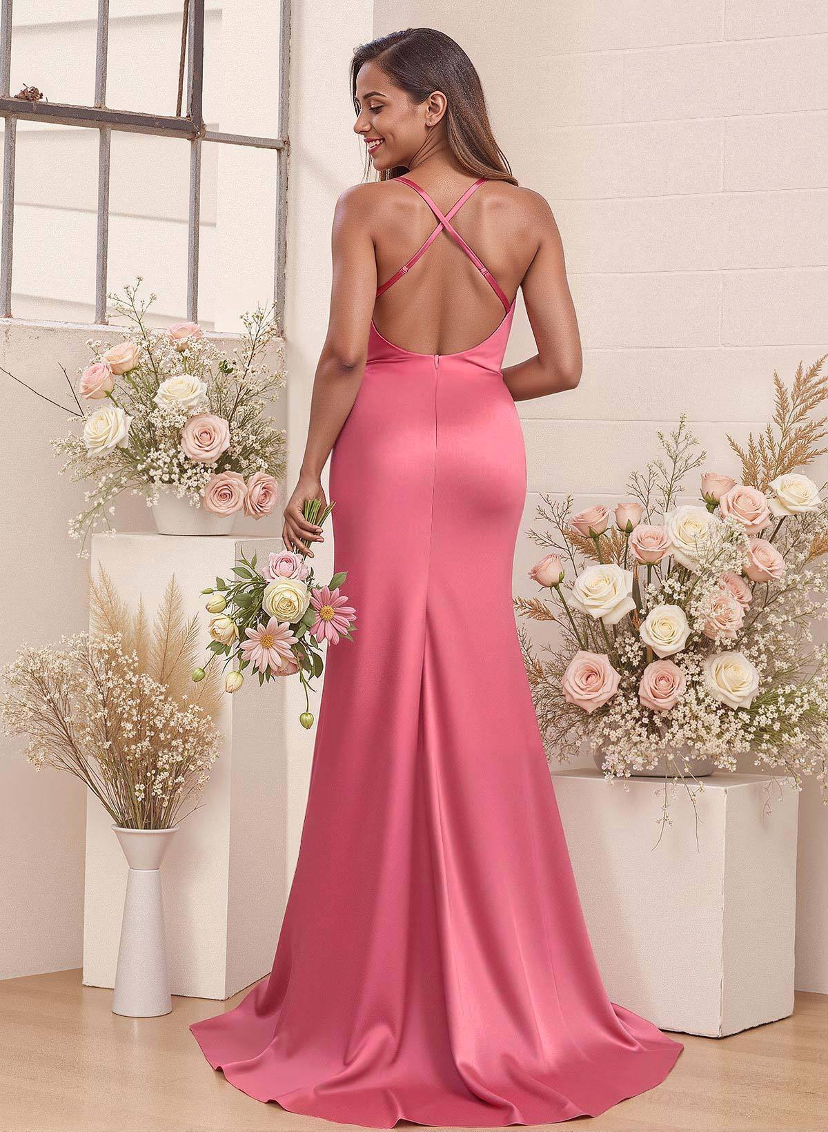 Cowl Neck High Split Mermaid Sweep Train Charmeuse Bridesmaid Dresses, image 2