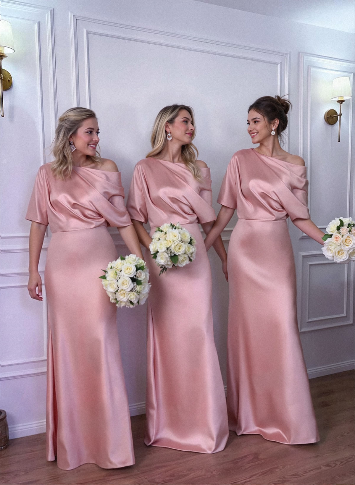 Sheath/Column Asymmetrical Neck Short Sleeves Bridesmaid Dresses